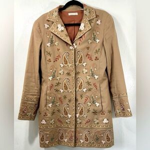 Coldwater Creek-Tan heavily trench coat embroidered on front and back.Size 10